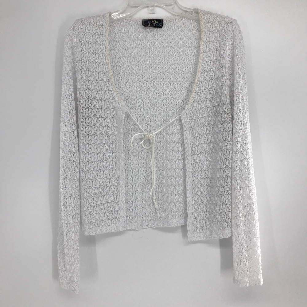 “Eye Candy”White 100% Polyester laced Cardigan w lil laces 2 ties it together💖